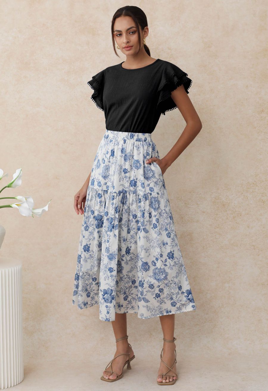 Lace Ruffle Sleeve Cotton Dolly Top in Black