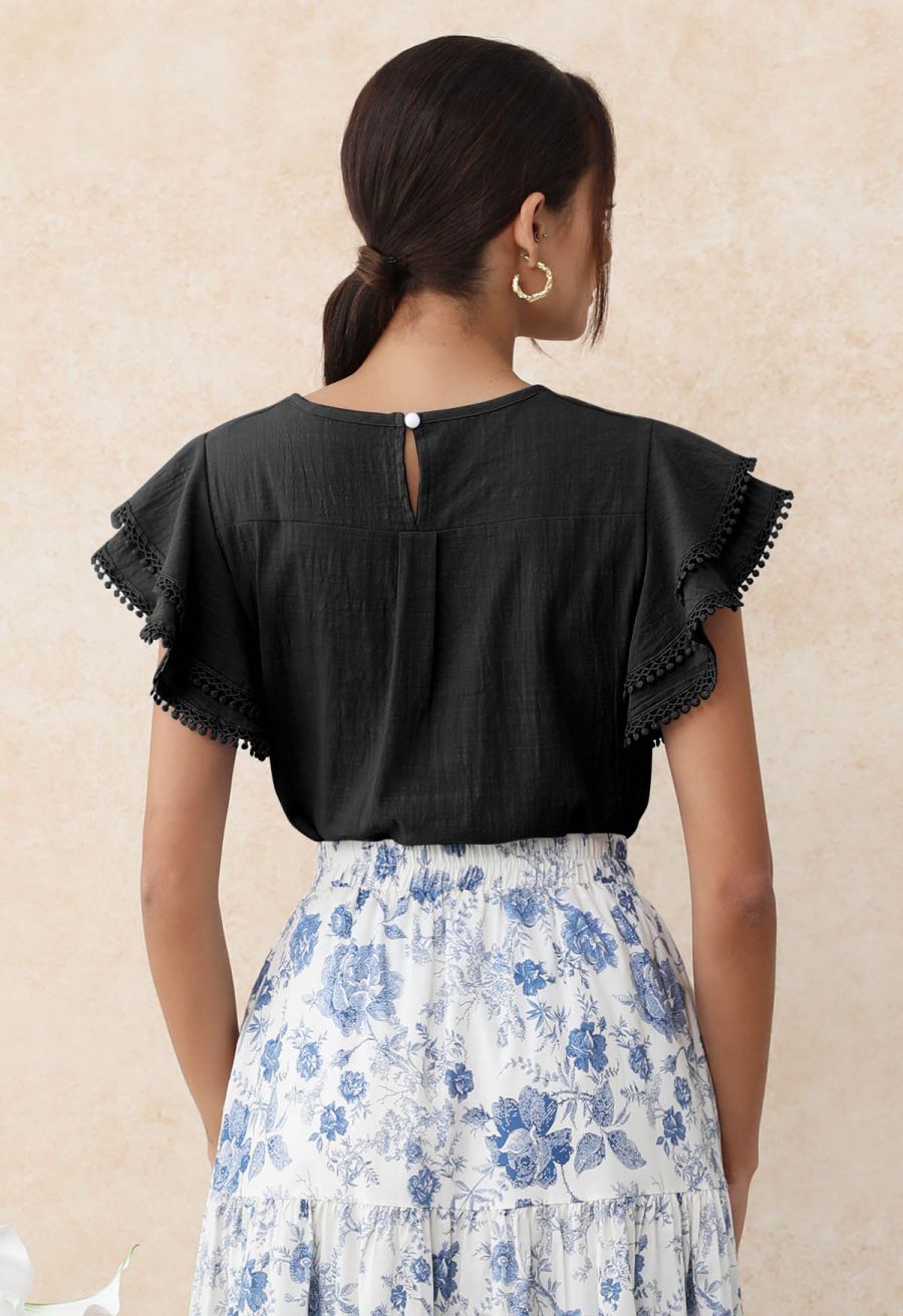 Lace Ruffle Sleeve Cotton Dolly Top in Black