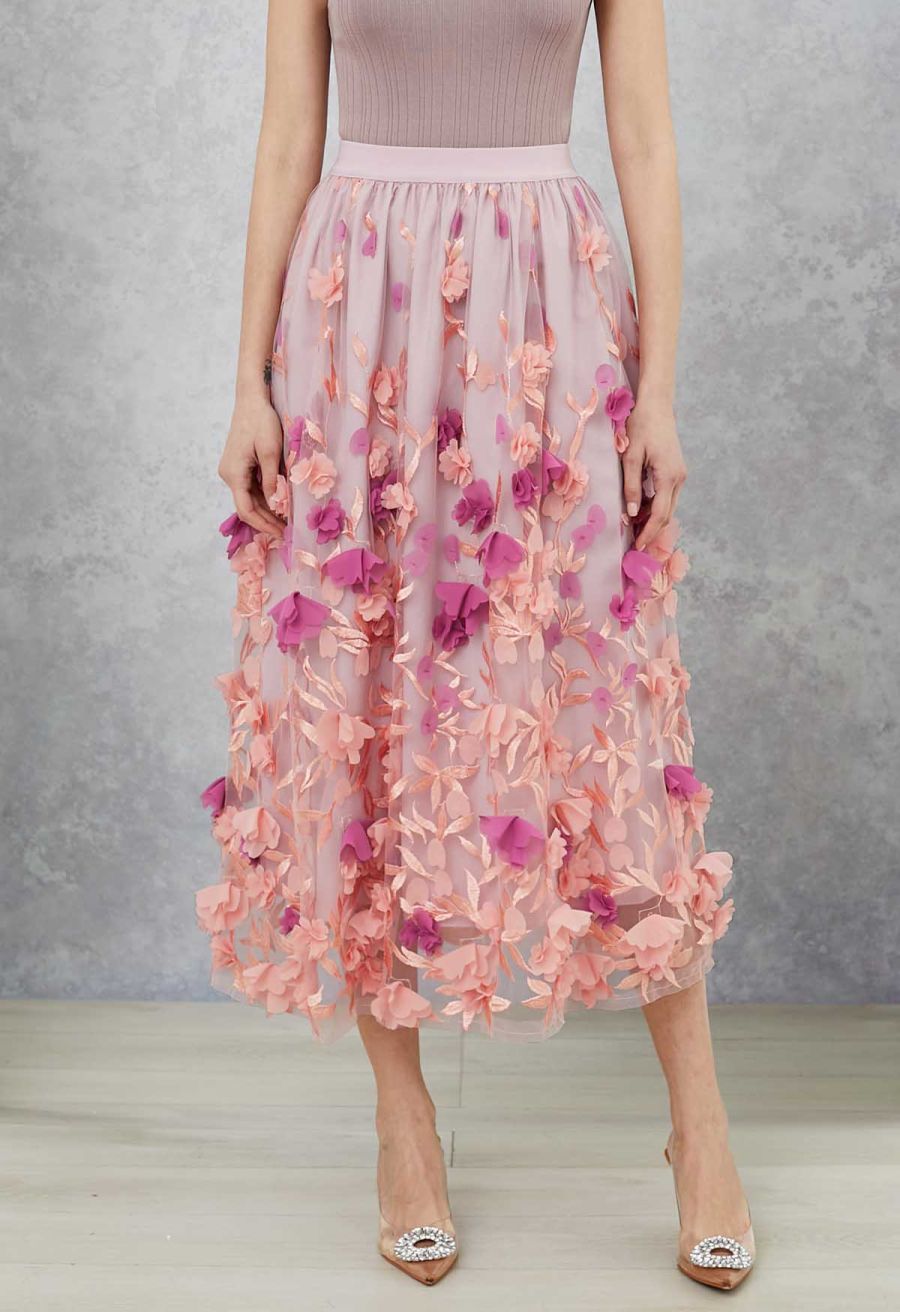 3D Clover Applique Mesh Tulle Maxi Skirt in Coral