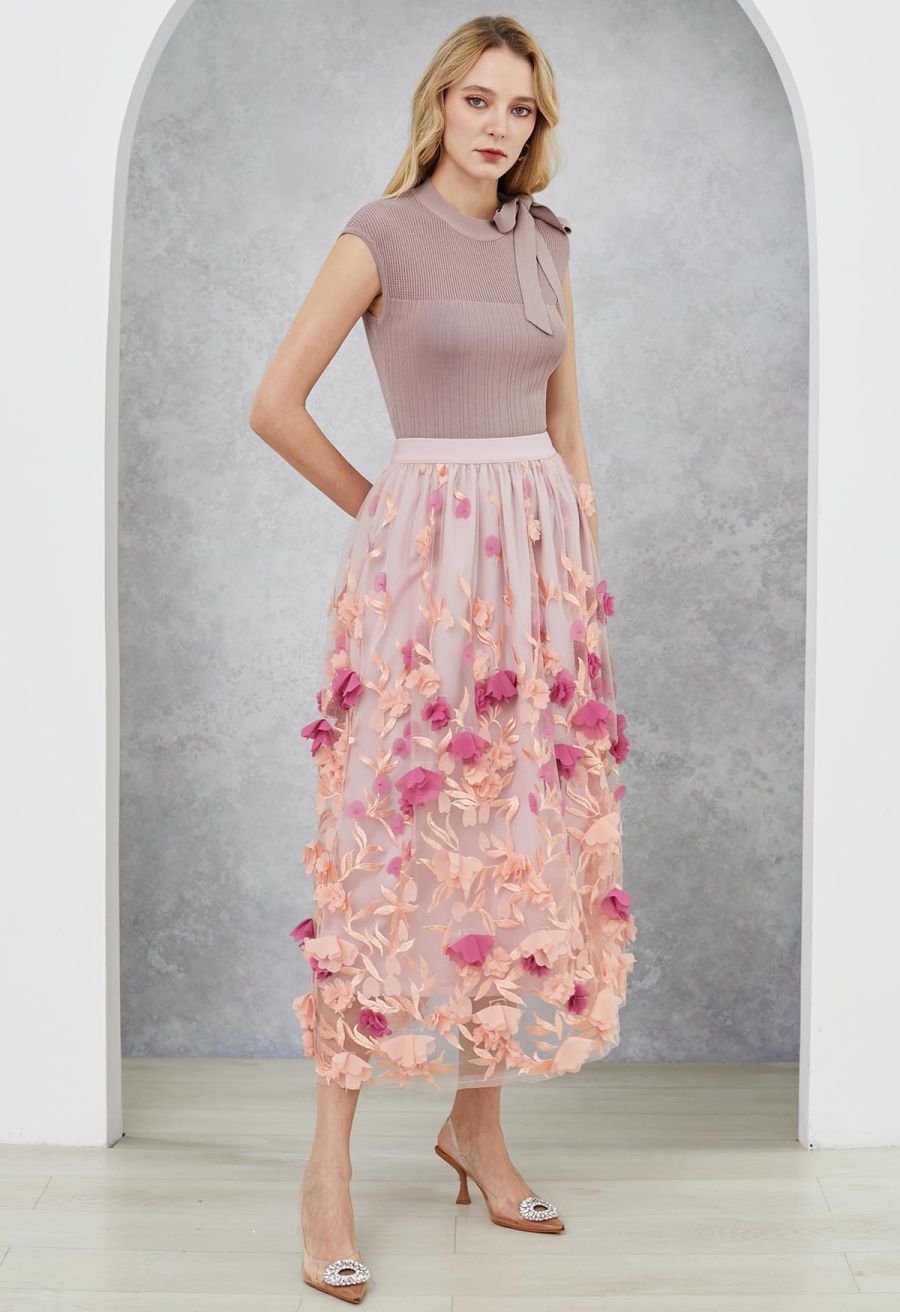 3D Clover Applique Mesh Tulle Maxi Skirt in Coral
