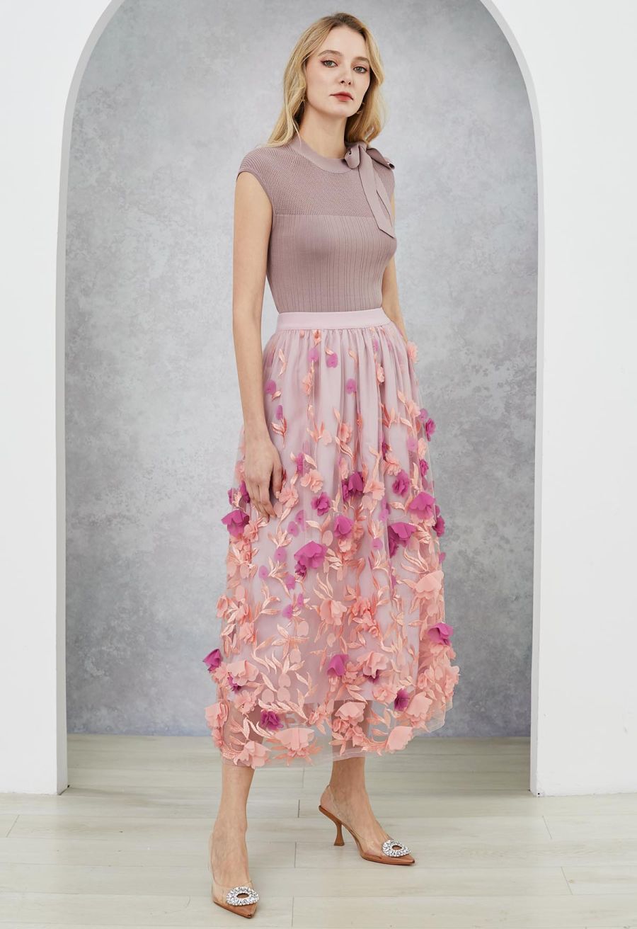 3D Clover Applique Mesh Tulle Maxi Skirt in Coral