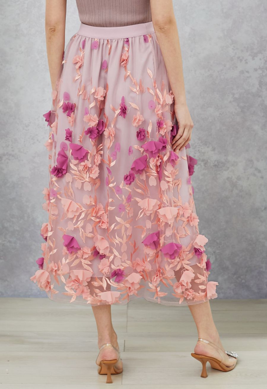 3D Clover Applique Mesh Tulle Maxi Skirt in Coral