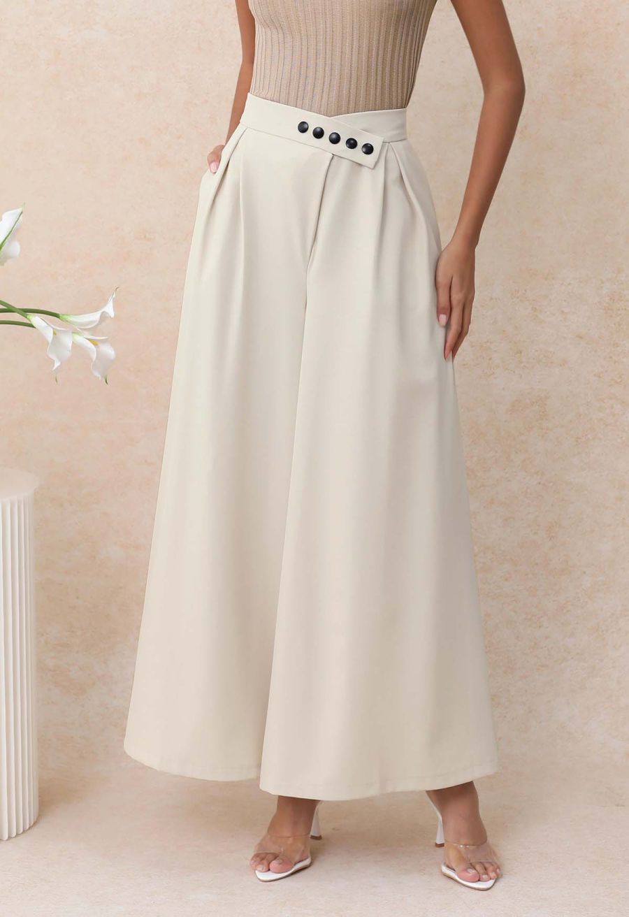 Adjustable Button-Waist Wide-Leg Pants in Ivory