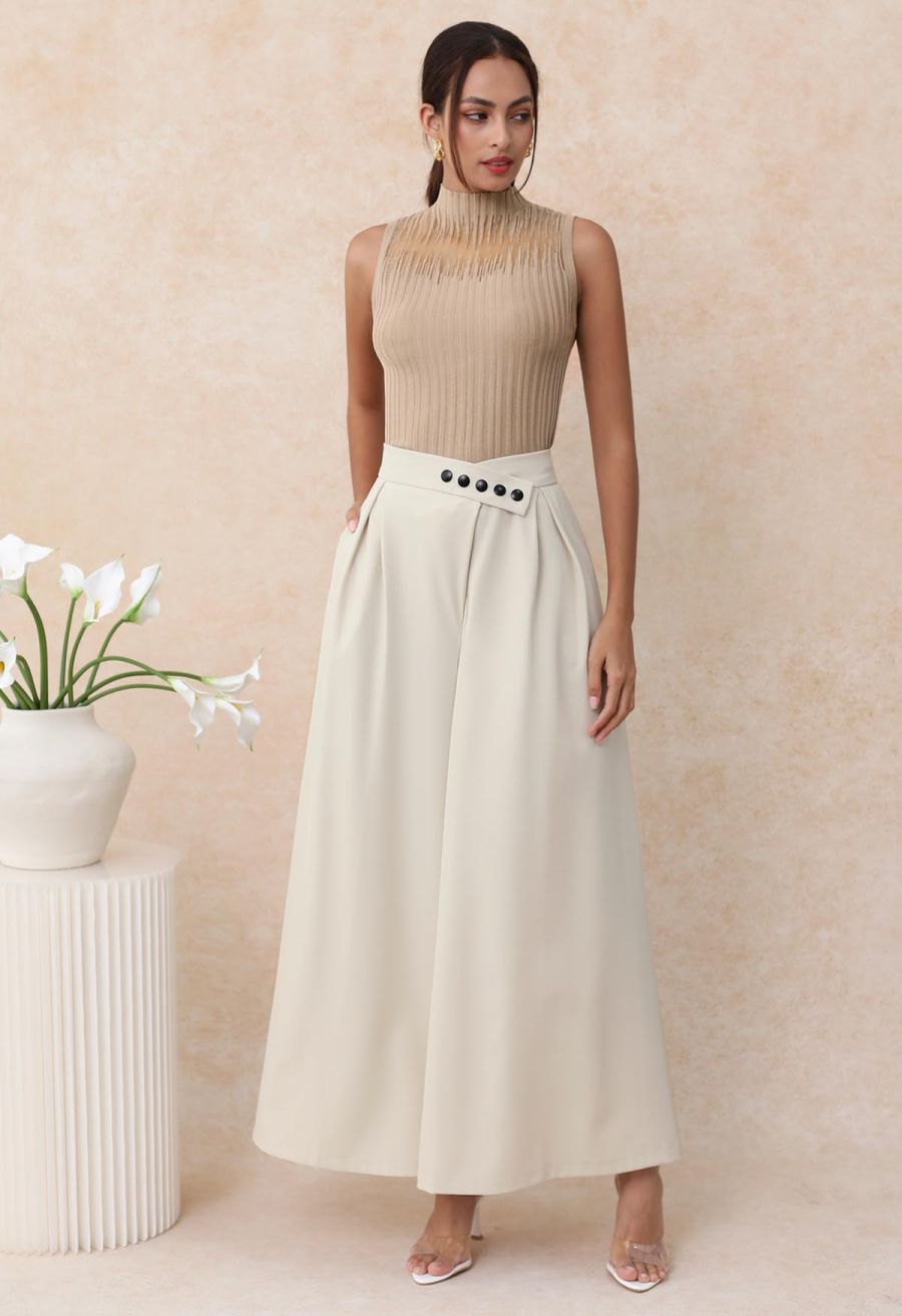 Mesh Inserted Mock Neck Ribbed Knit Tank Top in Tan