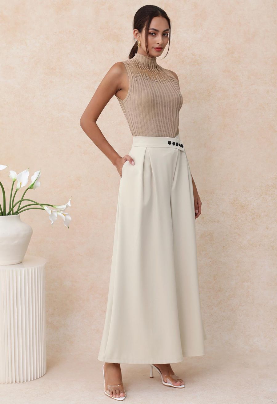 Mesh Inserted Mock Neck Ribbed Knit Tank Top in Tan