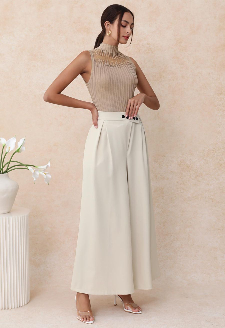 Mesh Inserted Mock Neck Ribbed Knit Tank Top in Tan