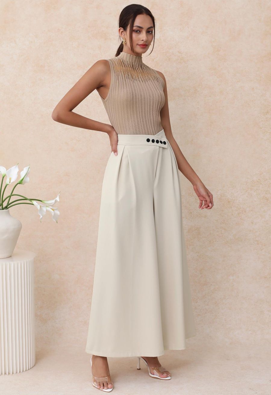 Mesh Inserted Mock Neck Ribbed Knit Tank Top in Tan