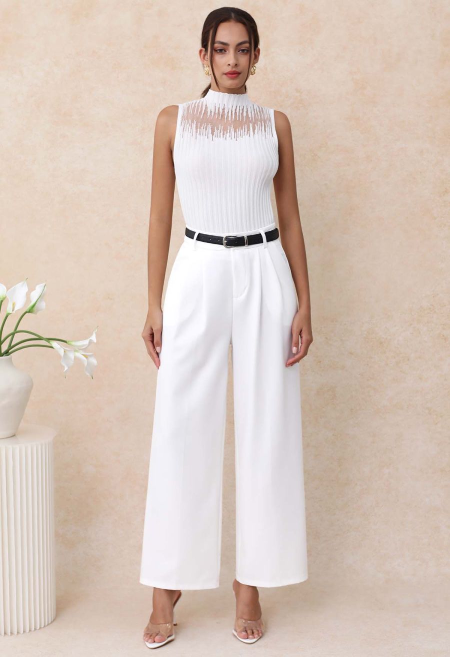 Mesh Inserted Mock Neck Ribbed Knit Tank Top in White