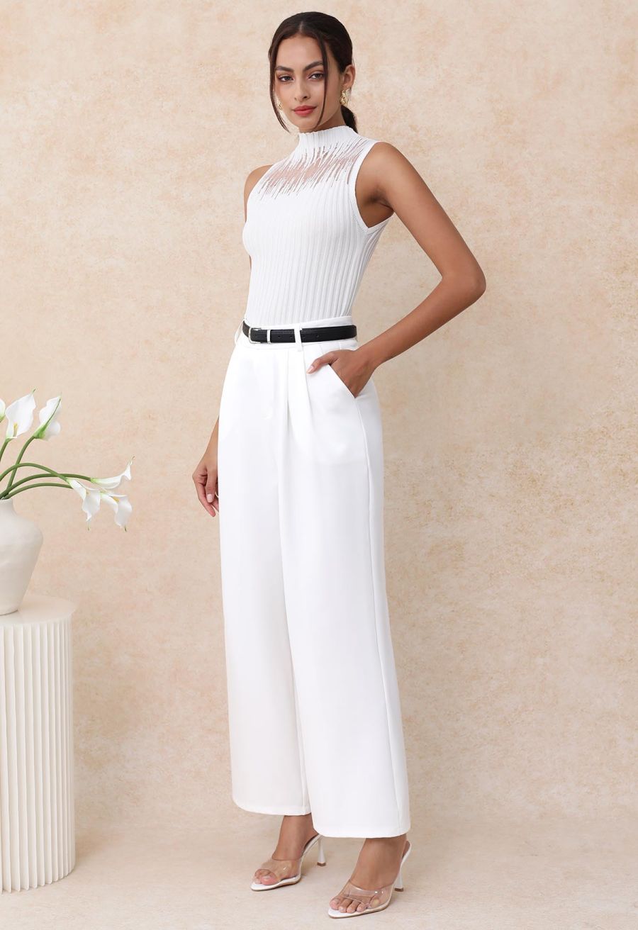 Mesh Inserted Mock Neck Ribbed Knit Tank Top in White