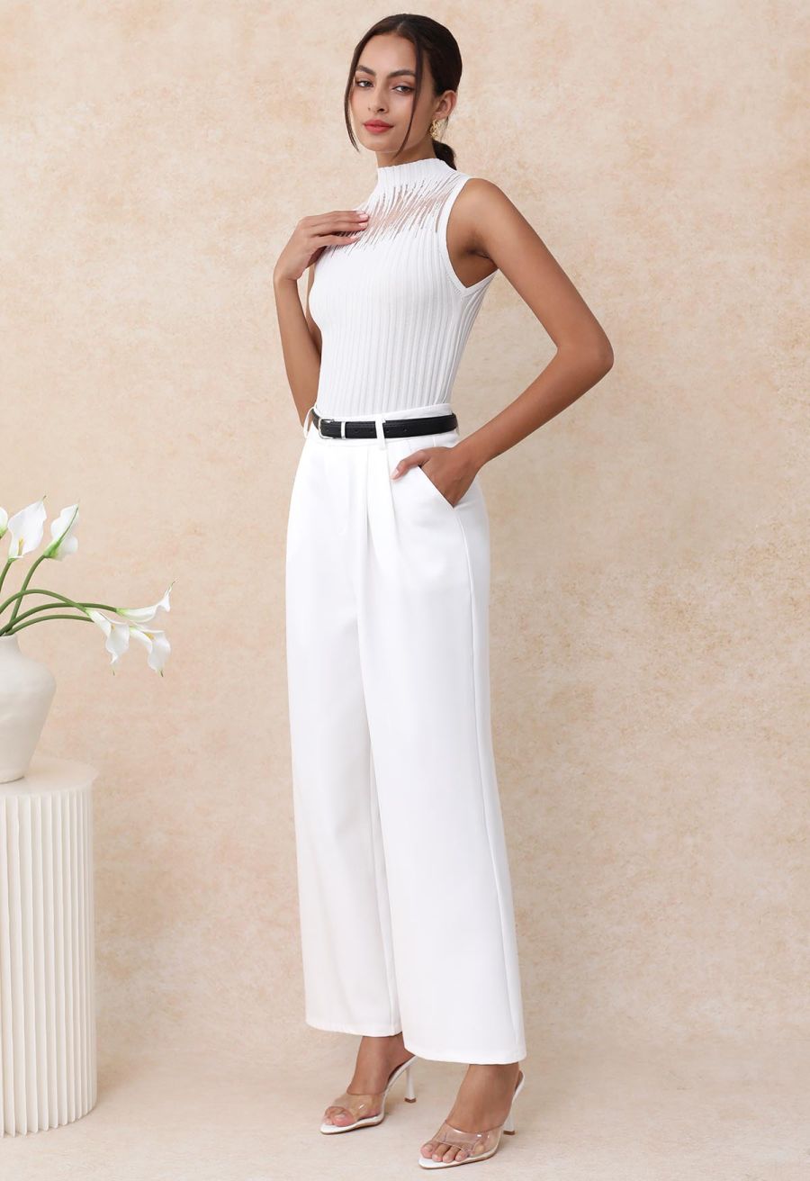 Mesh Inserted Mock Neck Ribbed Knit Tank Top in White