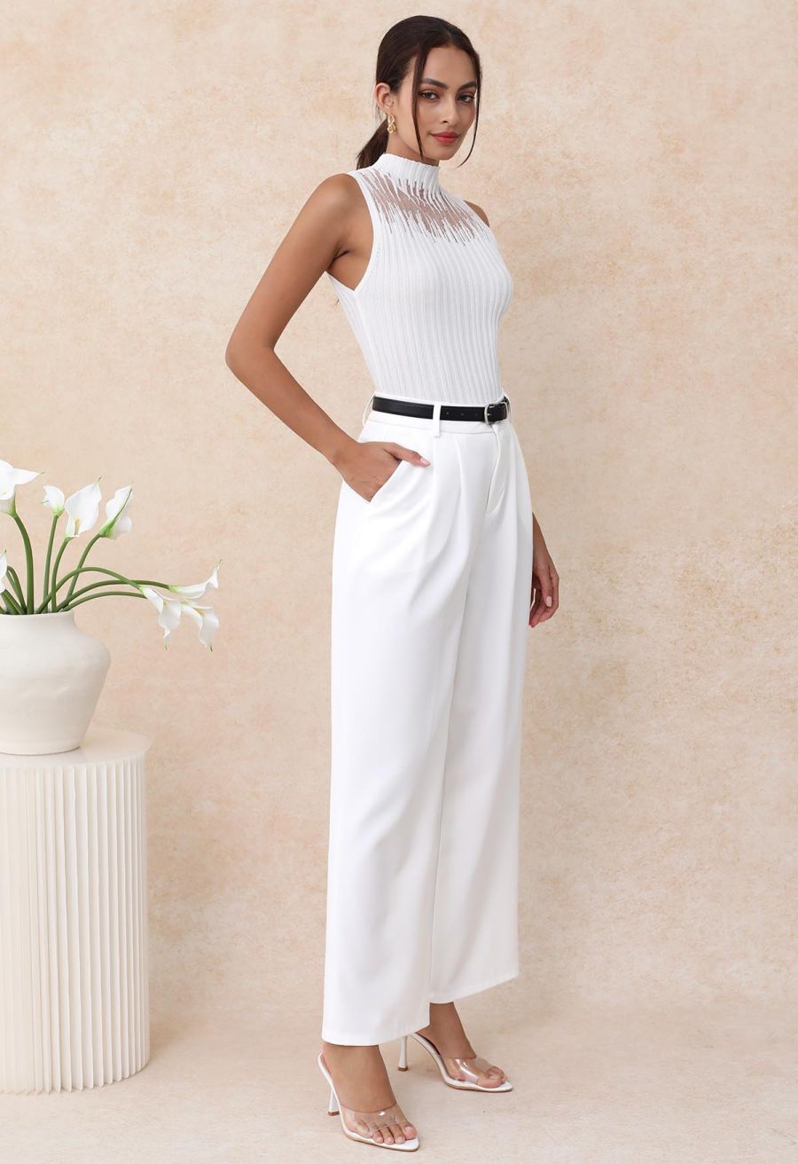 Mesh Inserted Mock Neck Ribbed Knit Tank Top in White