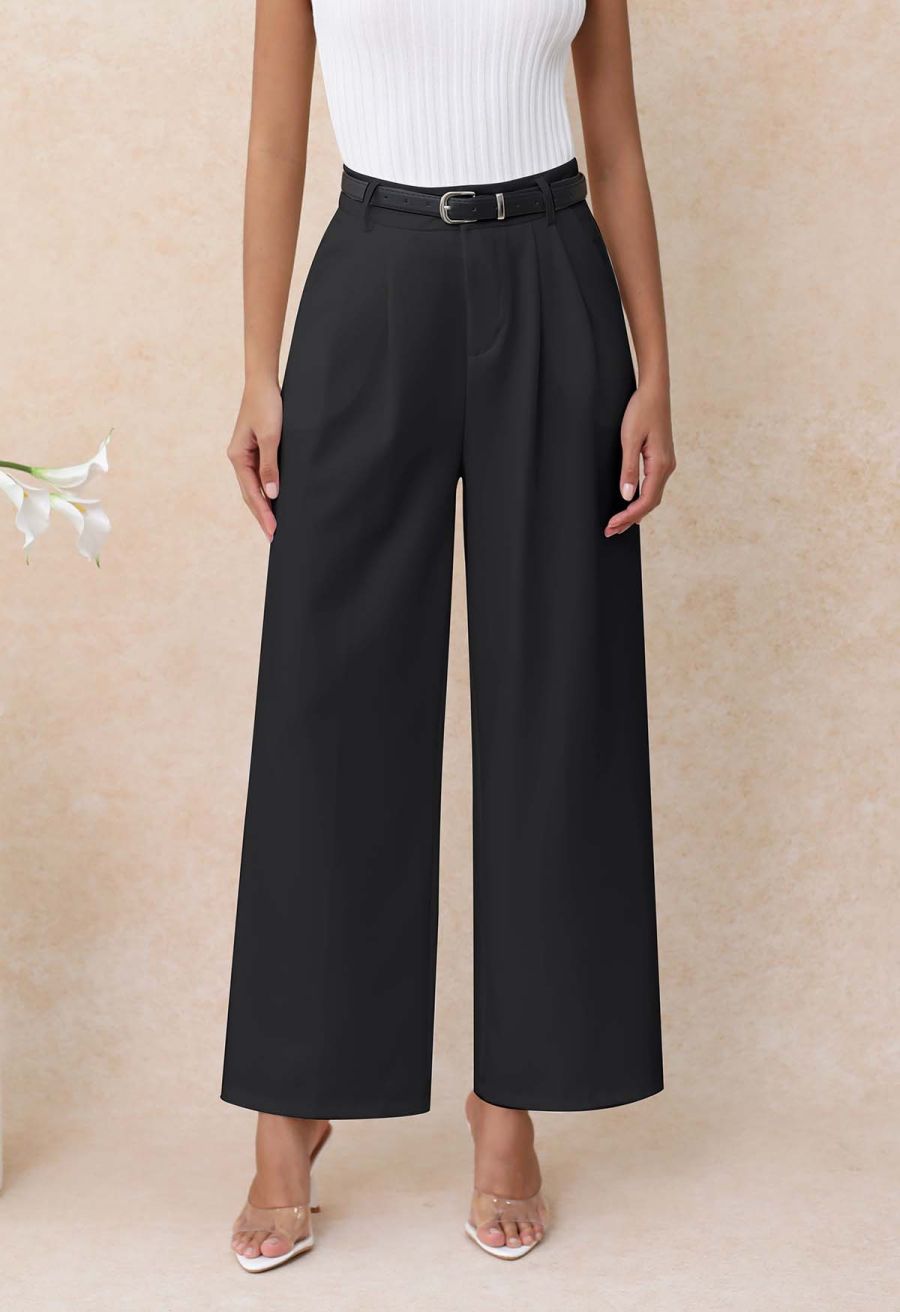 Tailored Straight Leg Belted Pants in Black