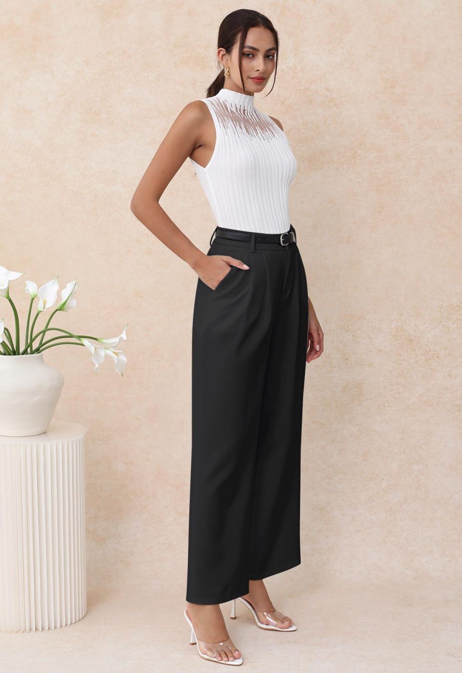 Tailored Straight Leg Belted Pants in Black