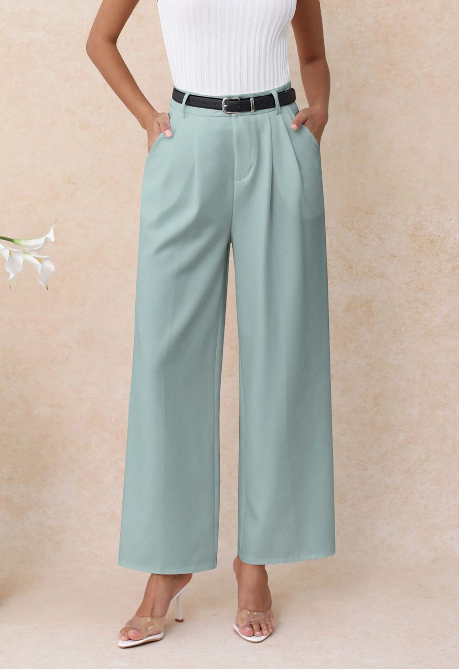 Tailored Straight Leg Belted Pants in Turquoise