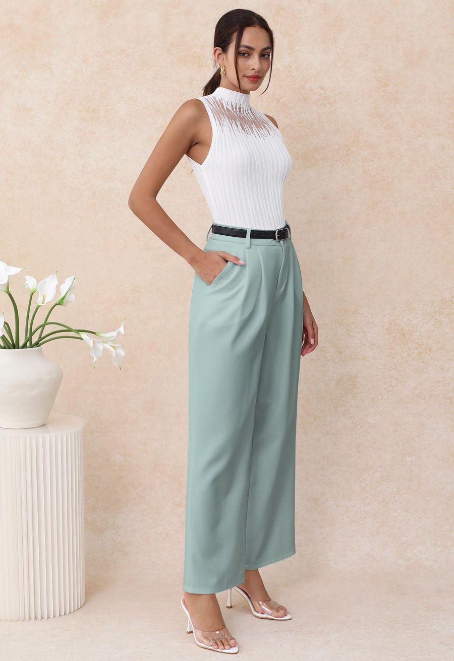 Tailored Straight Leg Belted Pants in Turquoise