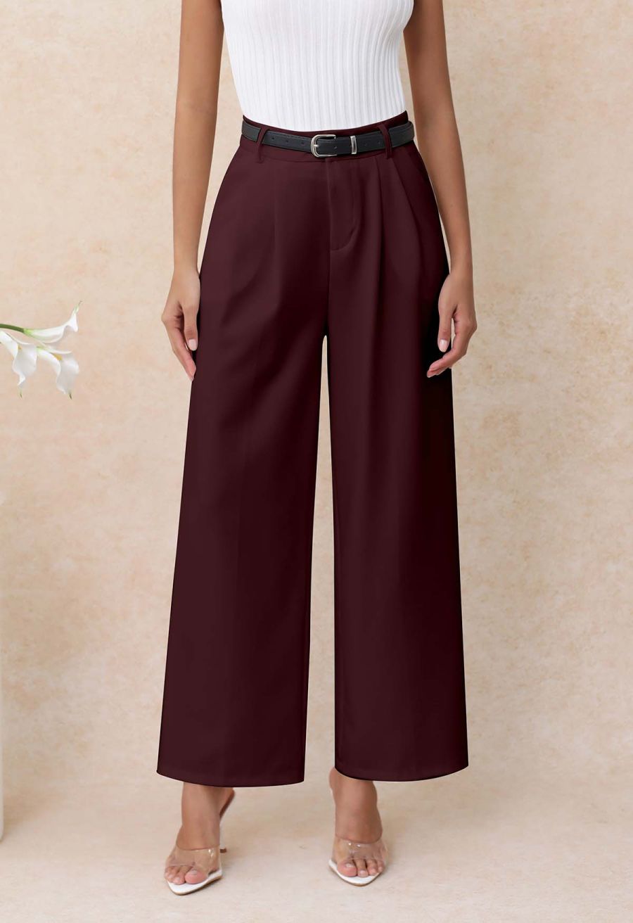 Tailored Straight Leg Belted Pants in Plum