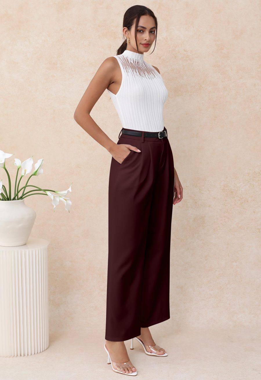 Tailored Straight Leg Belted Pants in Plum