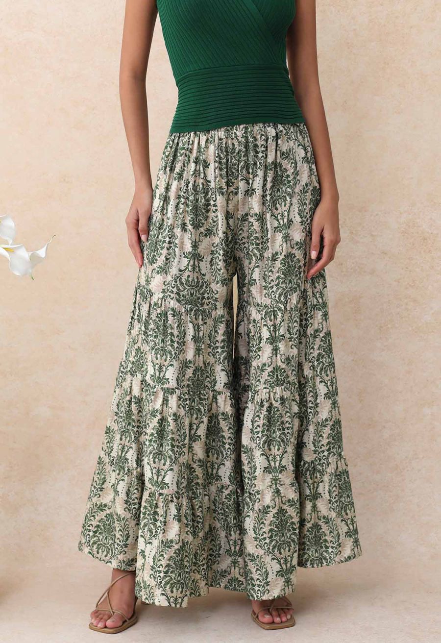 Sunny Days Wide-Leg Pants in Green Damask