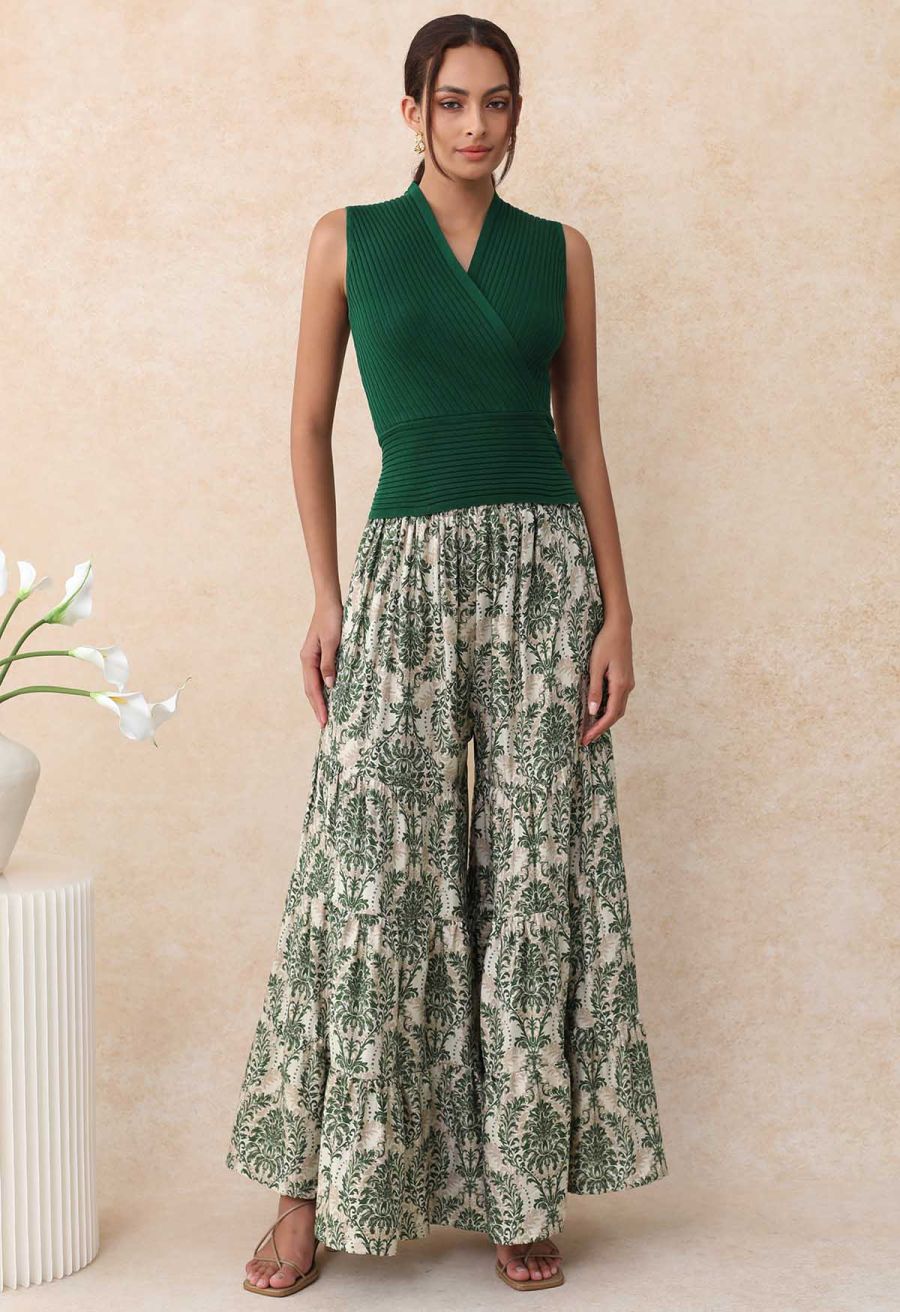 Sunny Days Wide-Leg Pants in Green Damask