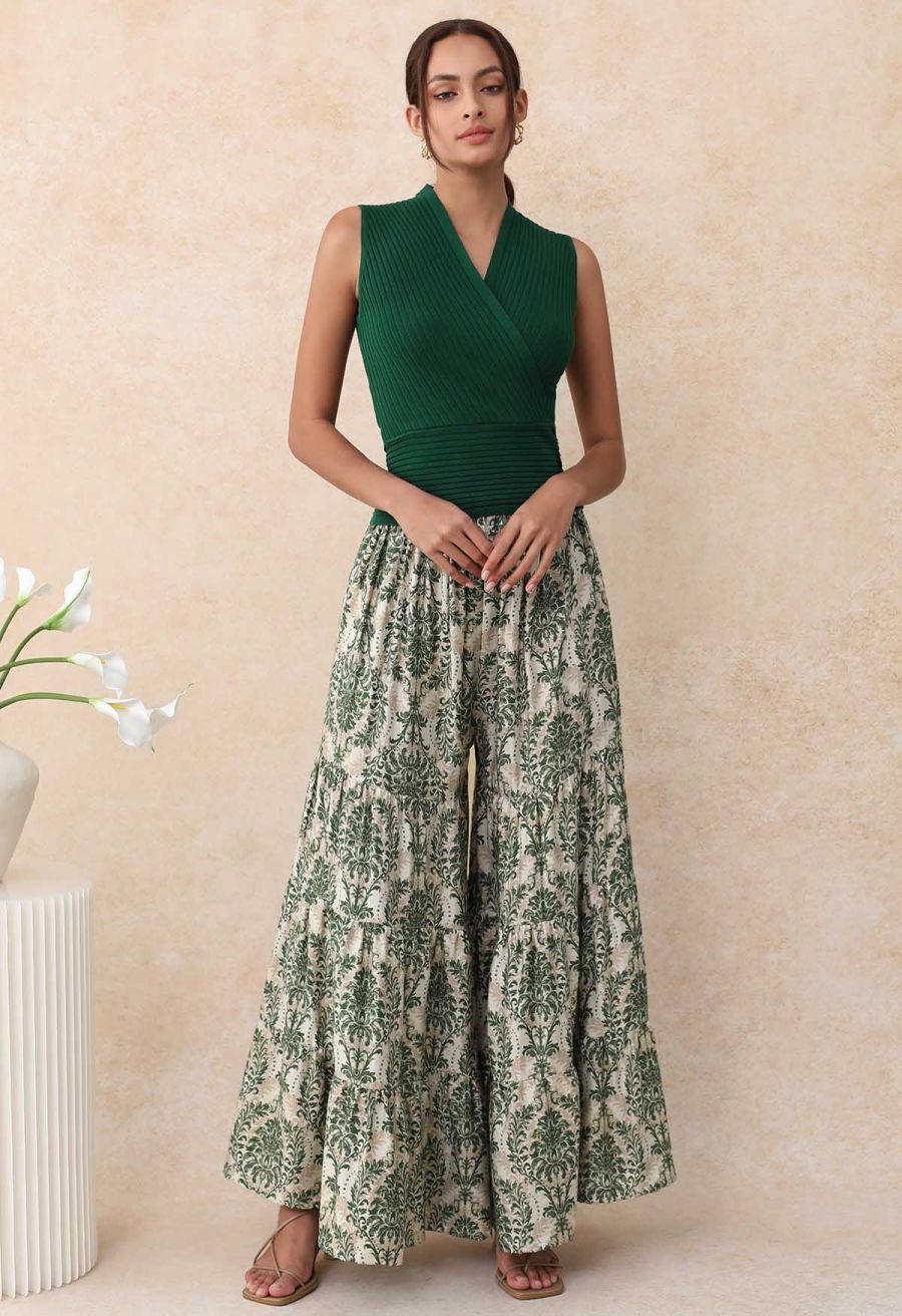 Sunny Days Wide-Leg Pants in Green Damask