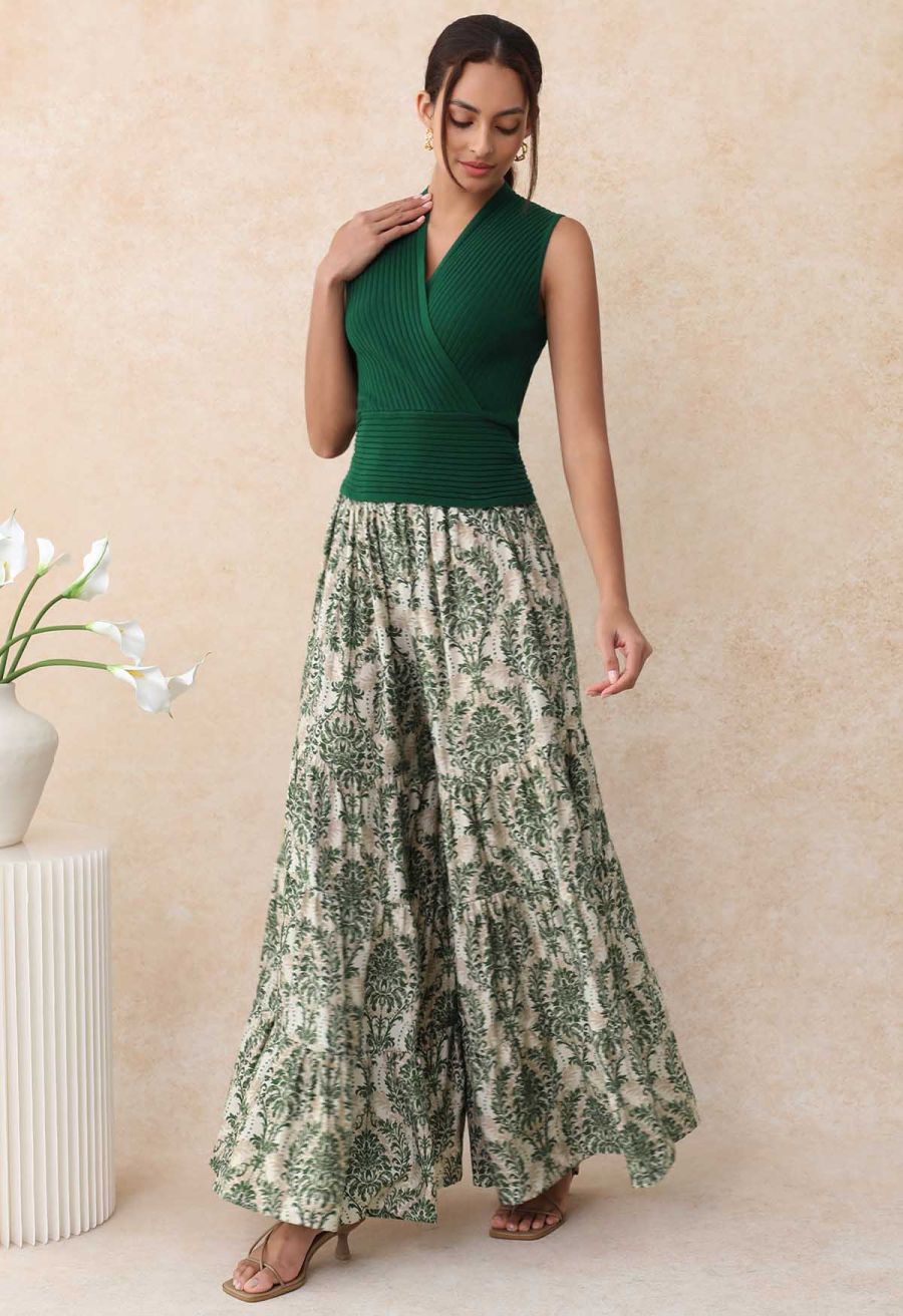 Sunny Days Wide-Leg Pants in Green Damask