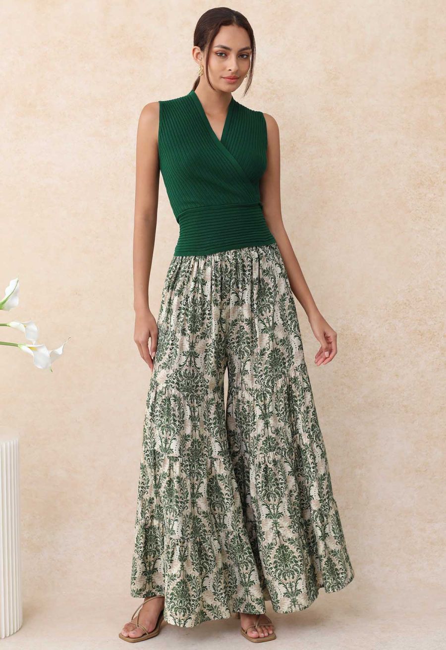 Sunny Days Wide-Leg Pants in Green Damask