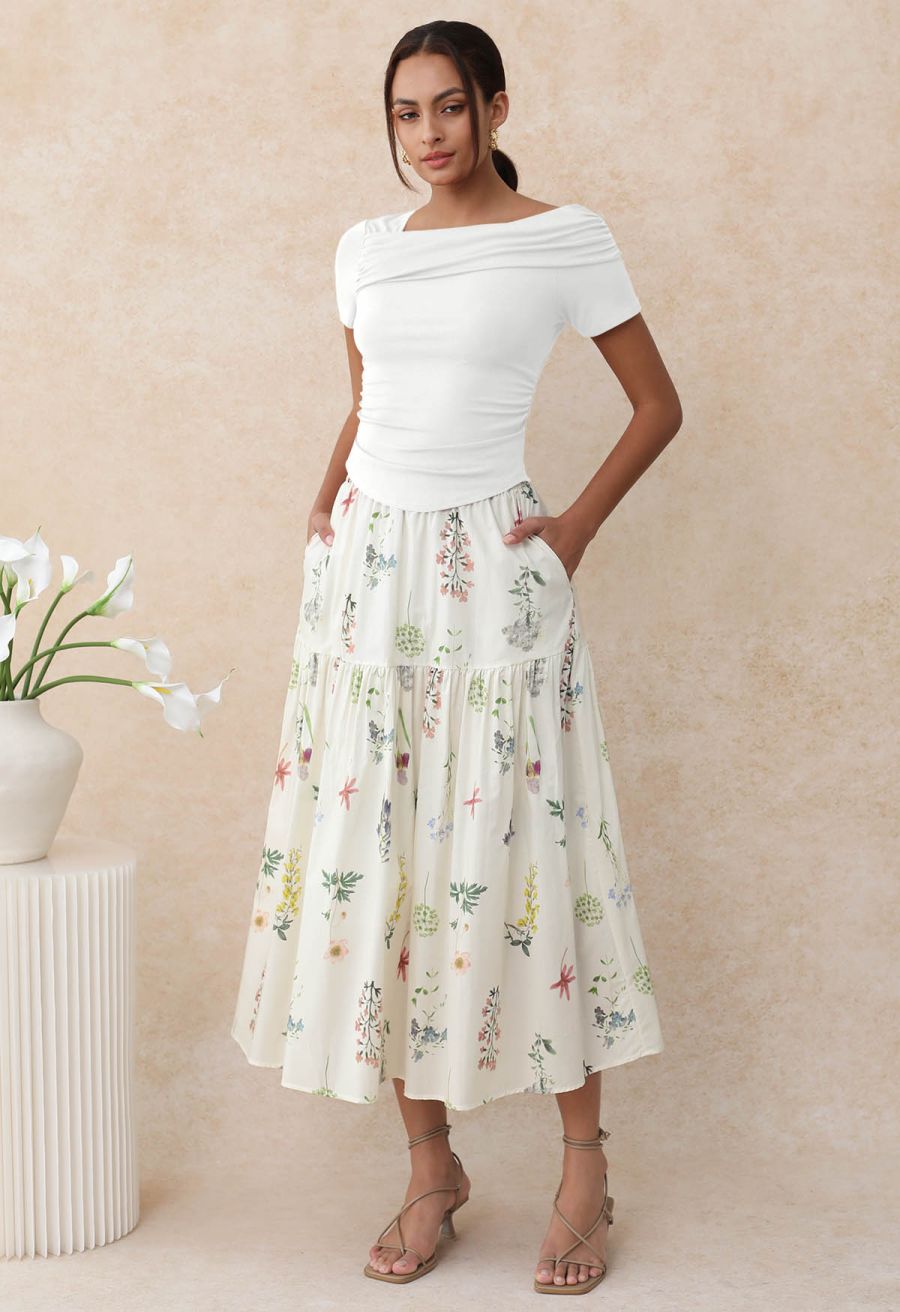 Asymmetric Neckline Ruched Short Sleeve Top in White
