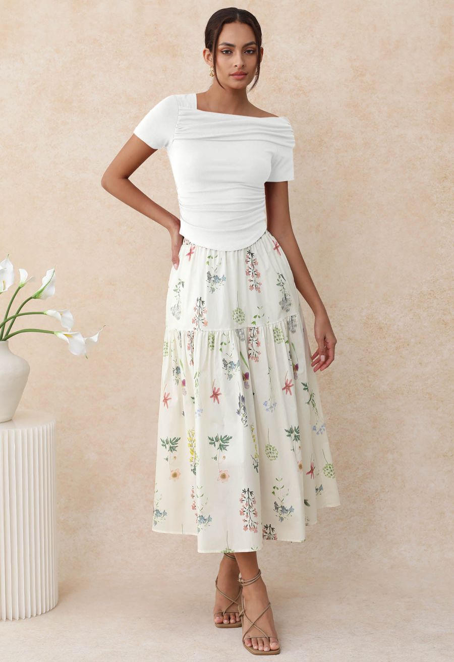 Asymmetric Neckline Ruched Short Sleeve Top in White