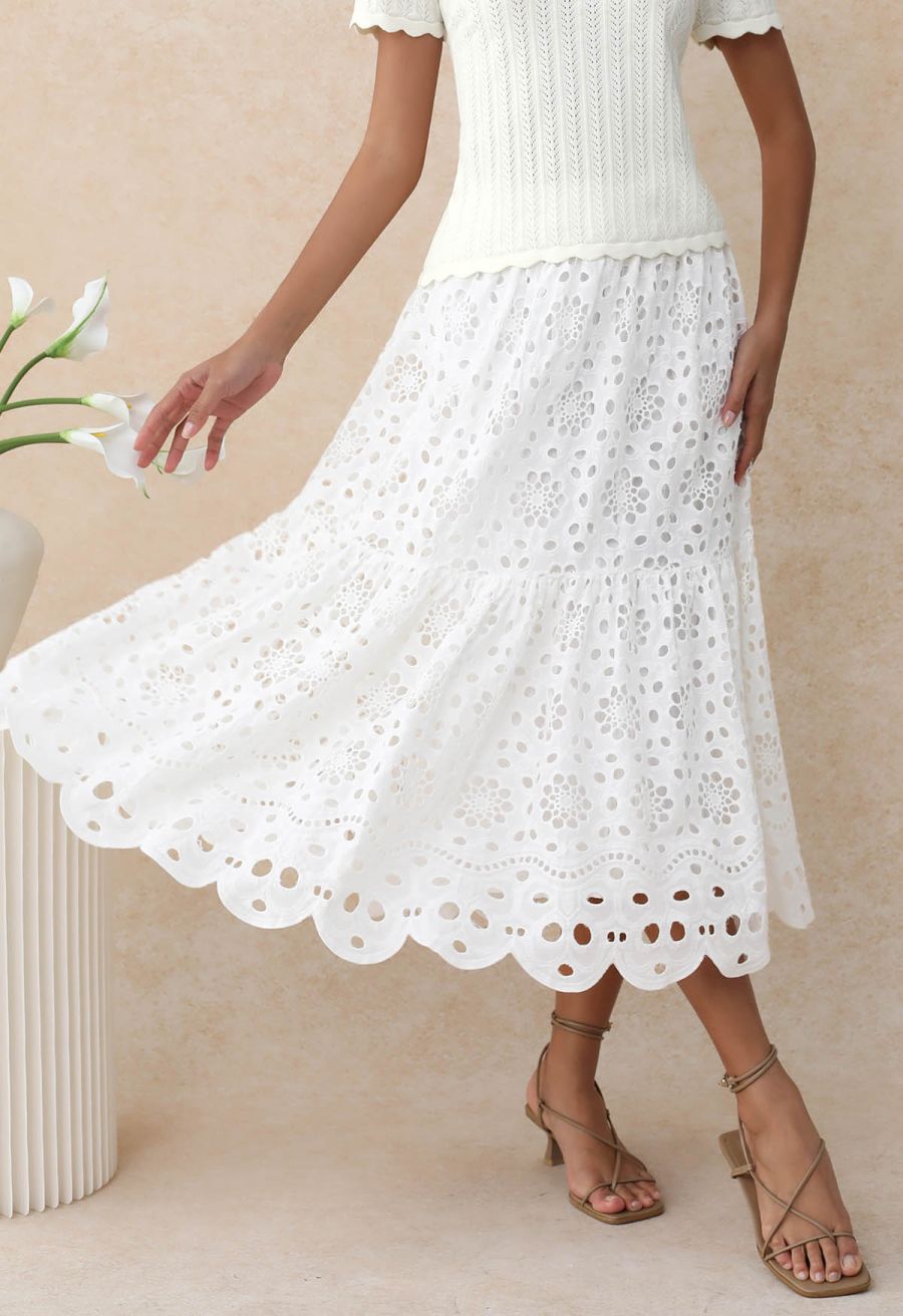 Full Embroidery Eyelet Cotton Maxi Skirt in White