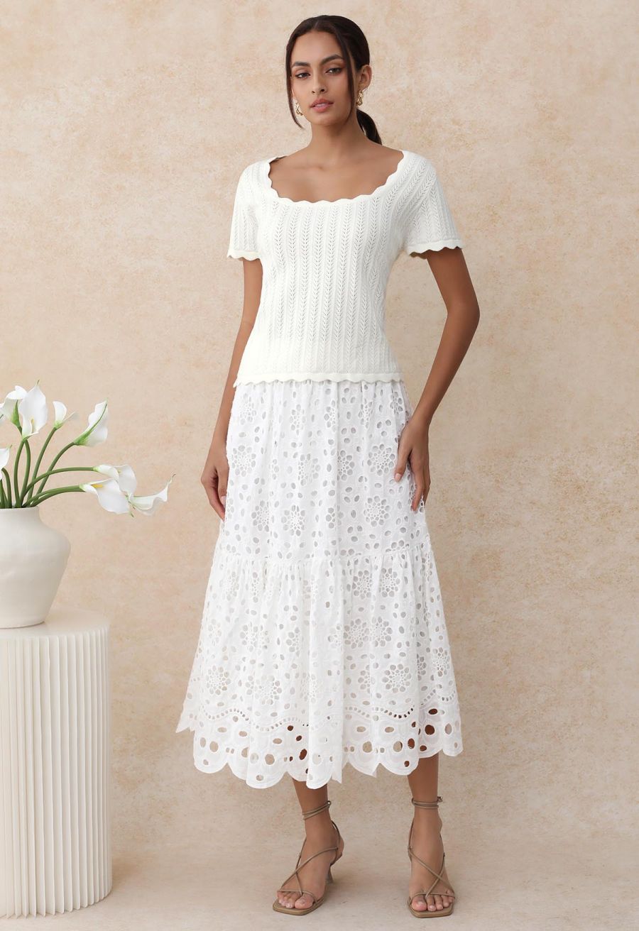 Scalloped Edge Pointelle Knit Top in Ivory