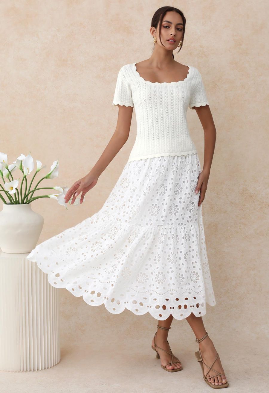 Scalloped Edge Pointelle Knit Top in Ivory