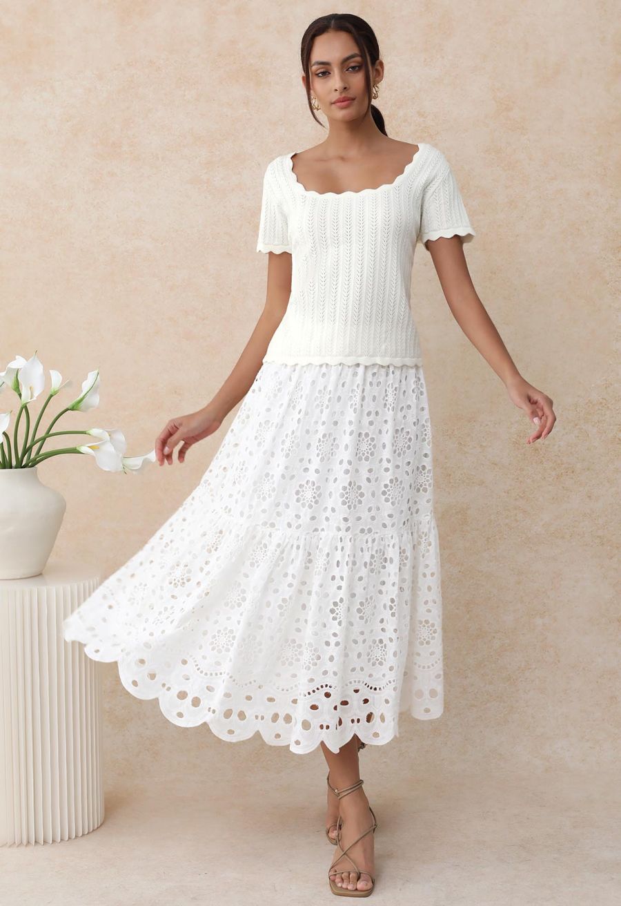 Scalloped Edge Pointelle Knit Top in Ivory