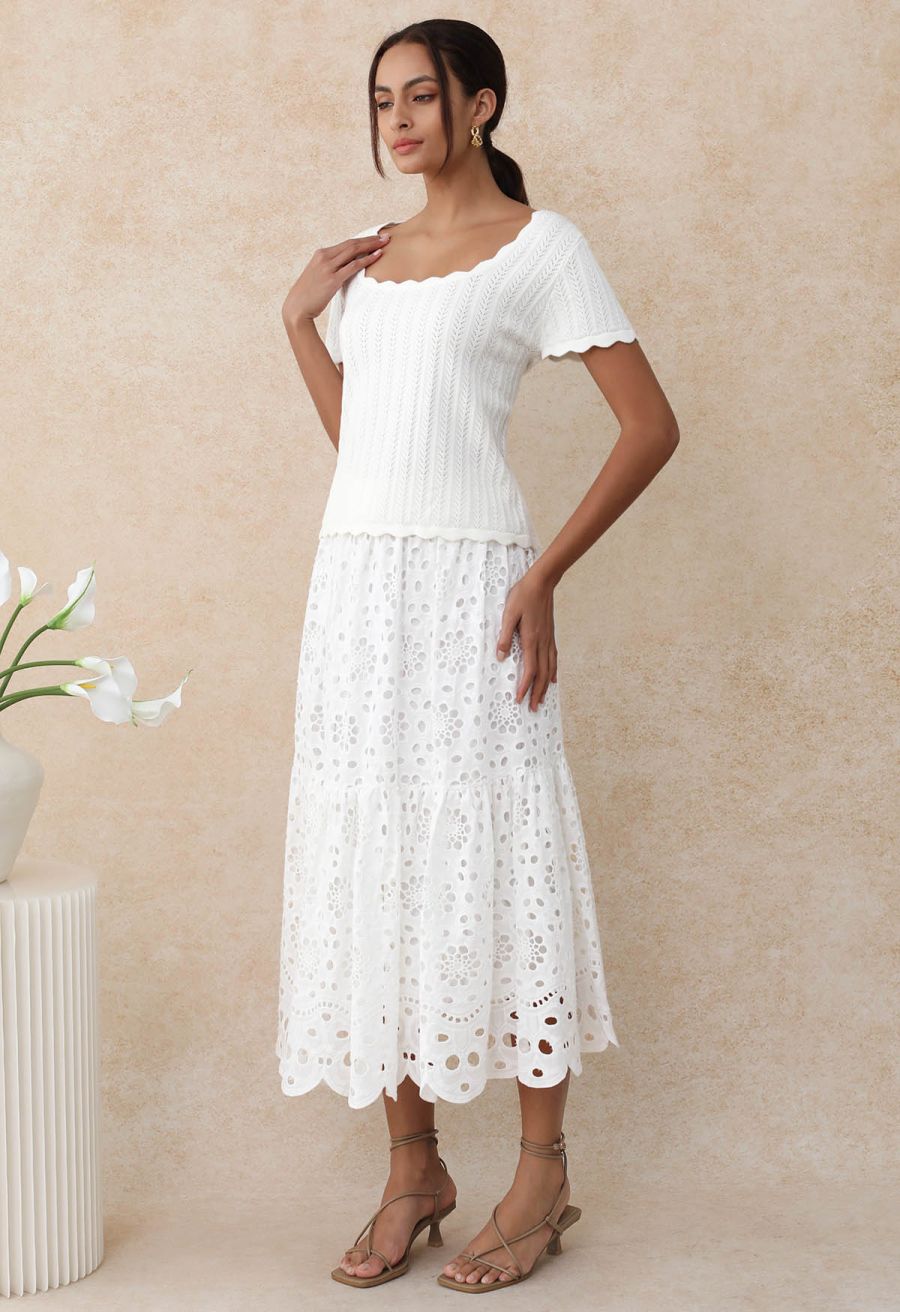 Scalloped Edge Pointelle Knit Top in Ivory