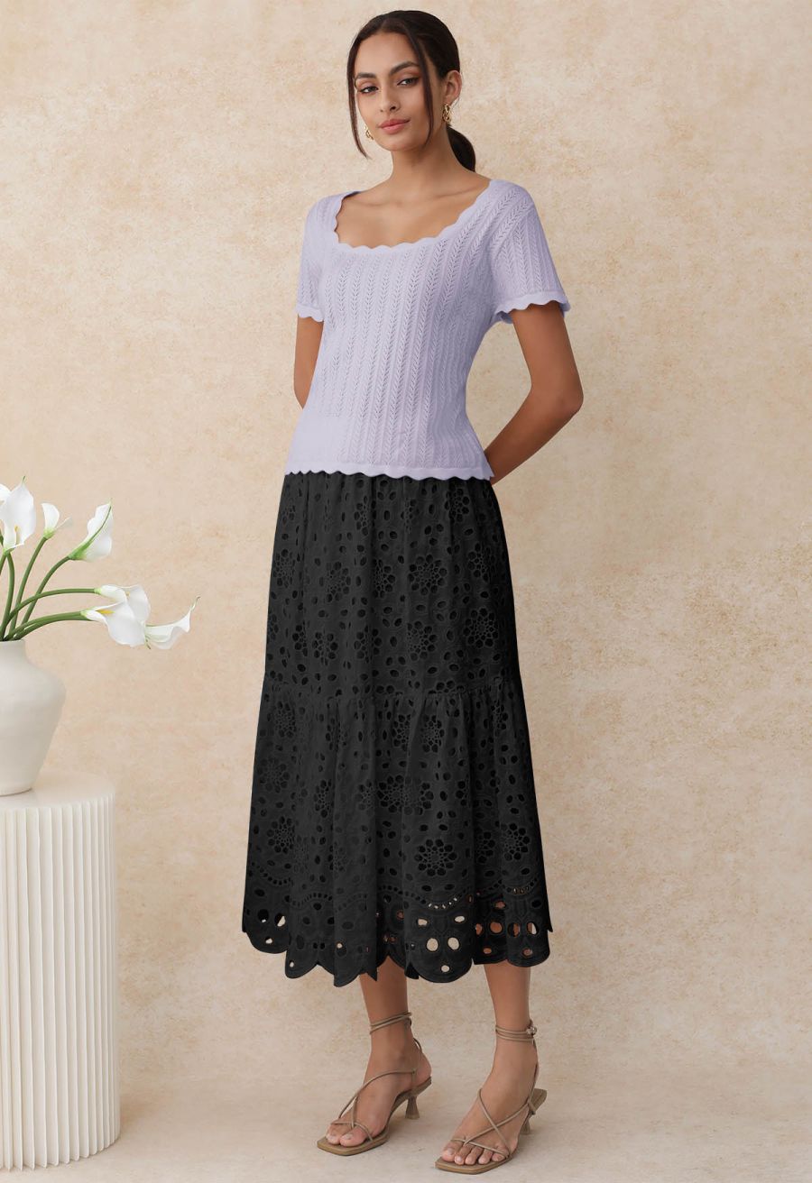 Scalloped Edge Pointelle Knit Top in Lilac