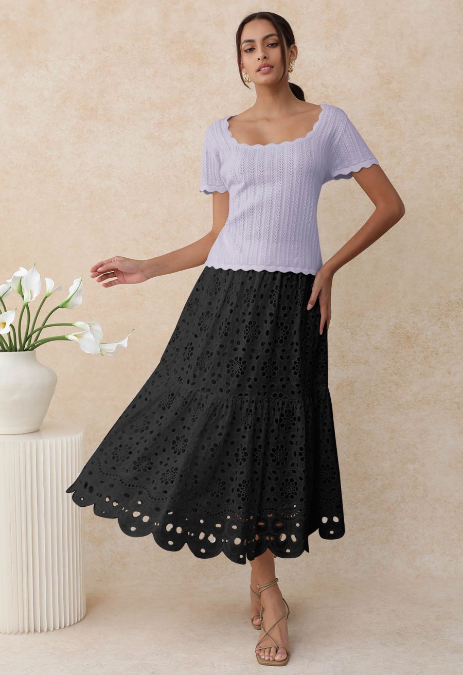 Scalloped Edge Pointelle Knit Top in Lilac