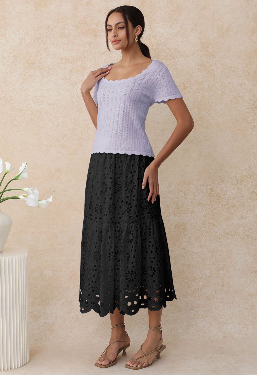 Scalloped Edge Pointelle Knit Top in Lilac