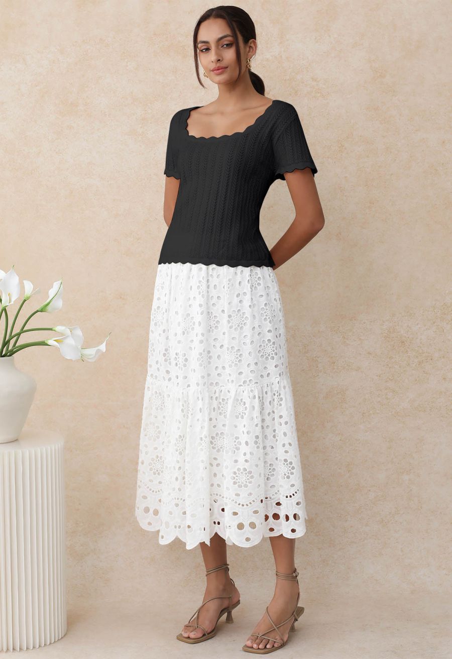 Scalloped Edge Pointelle Knit Top in Black