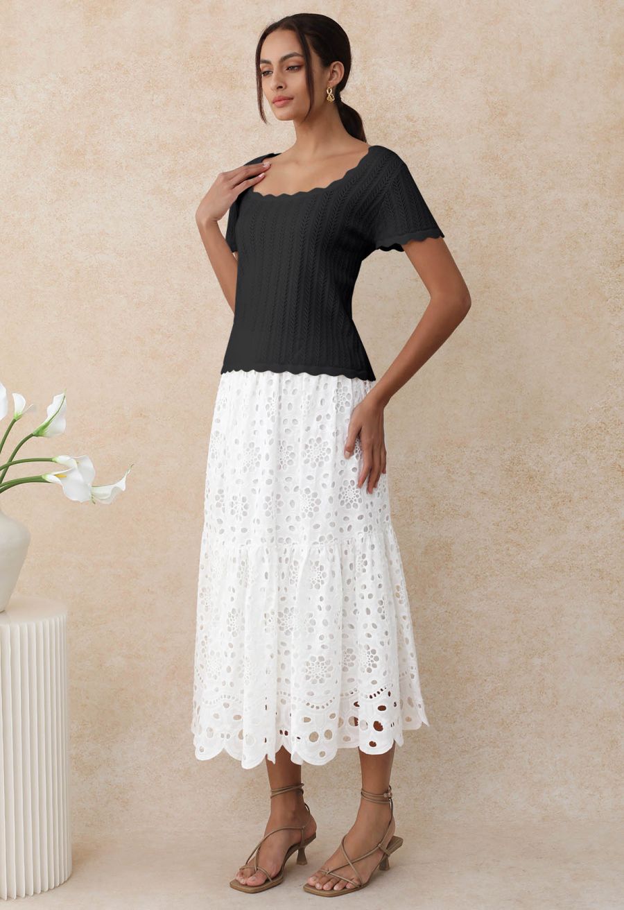Scalloped Edge Pointelle Knit Top in Black