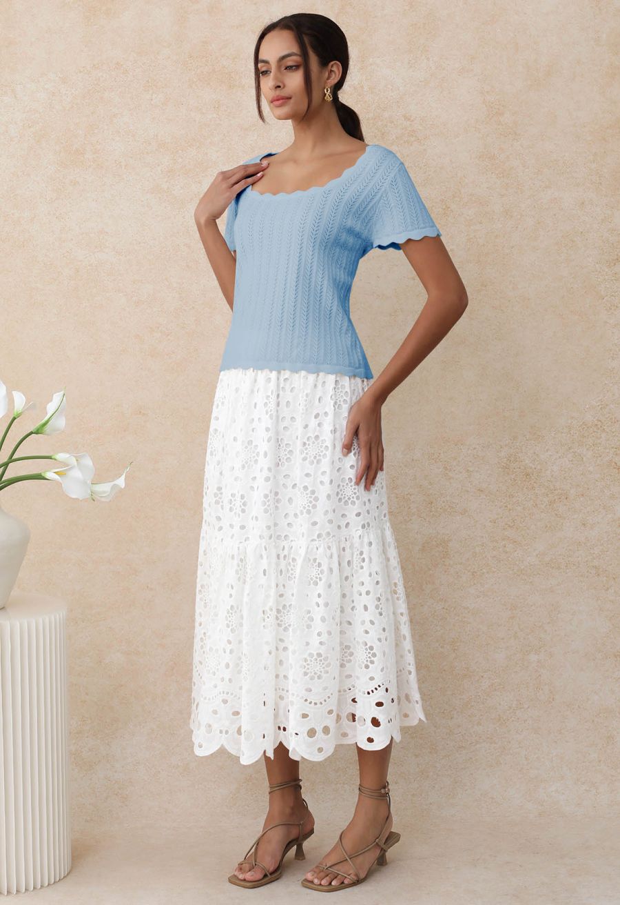 Scalloped Edge Pointelle Knit Top in Blue