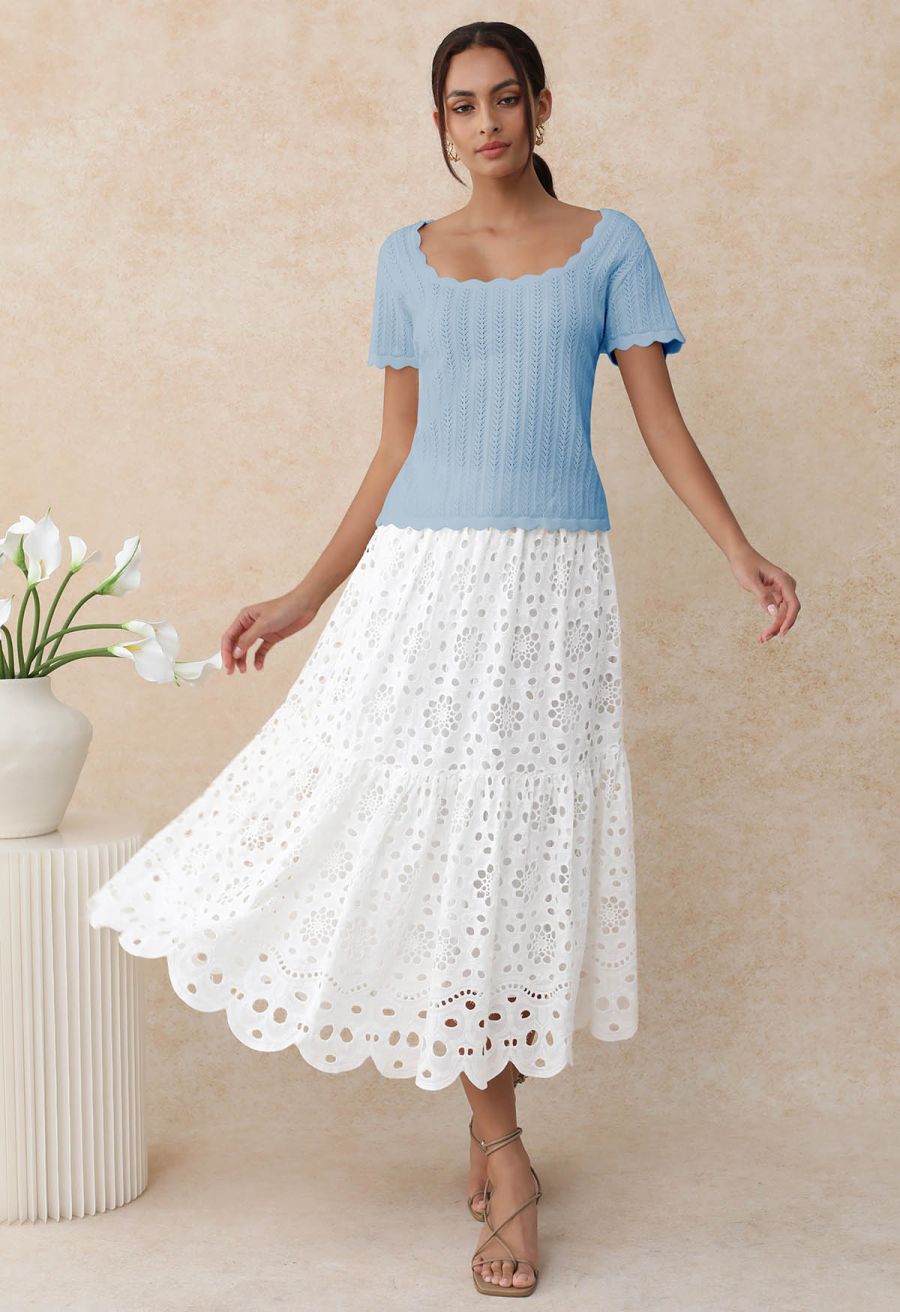 Scalloped Edge Pointelle Knit Top in Blue