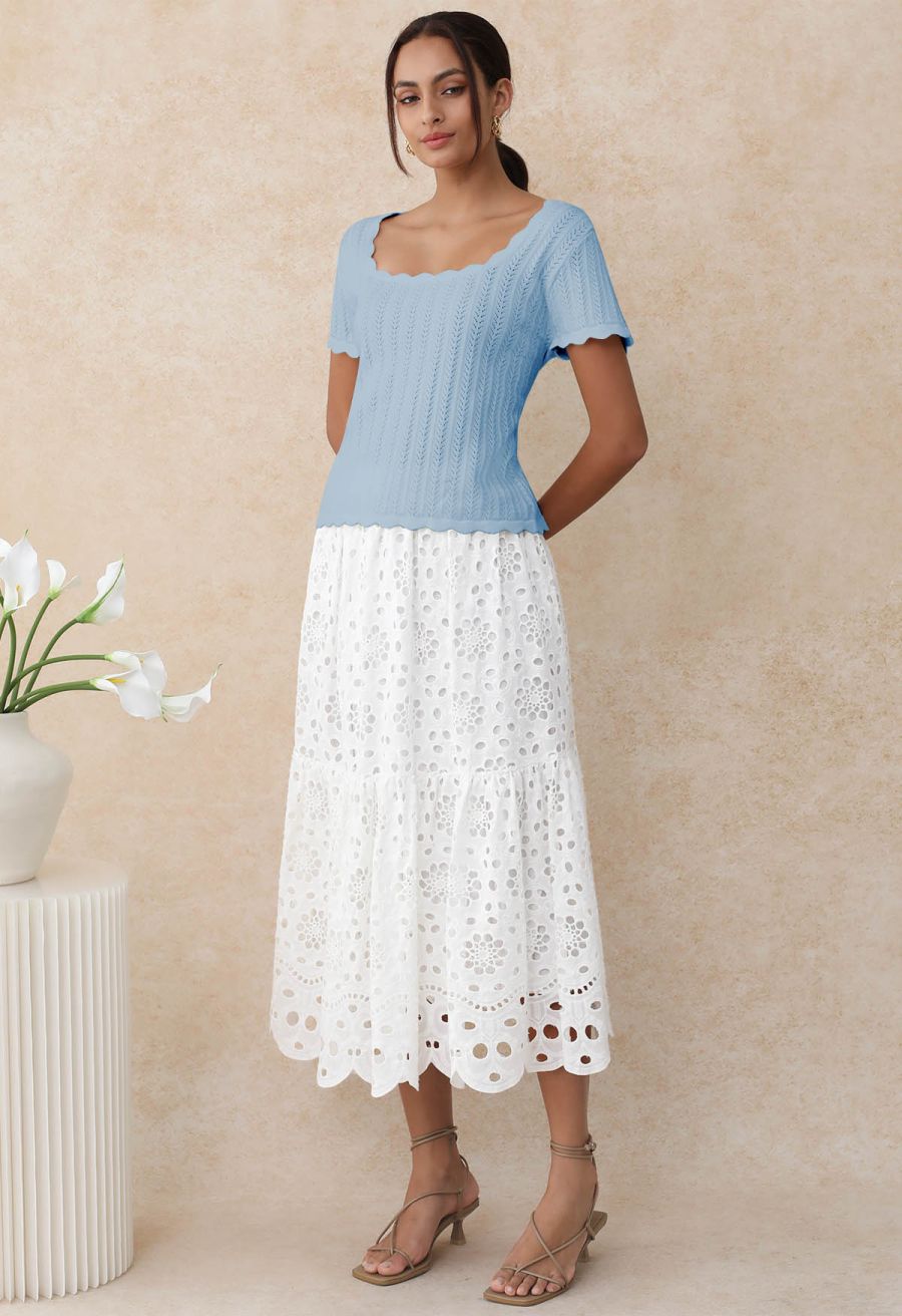 Scalloped Edge Pointelle Knit Top in Blue