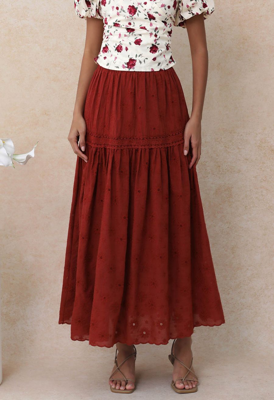 Daisy Era Embroidery Cotton Maxi Skirt in Red