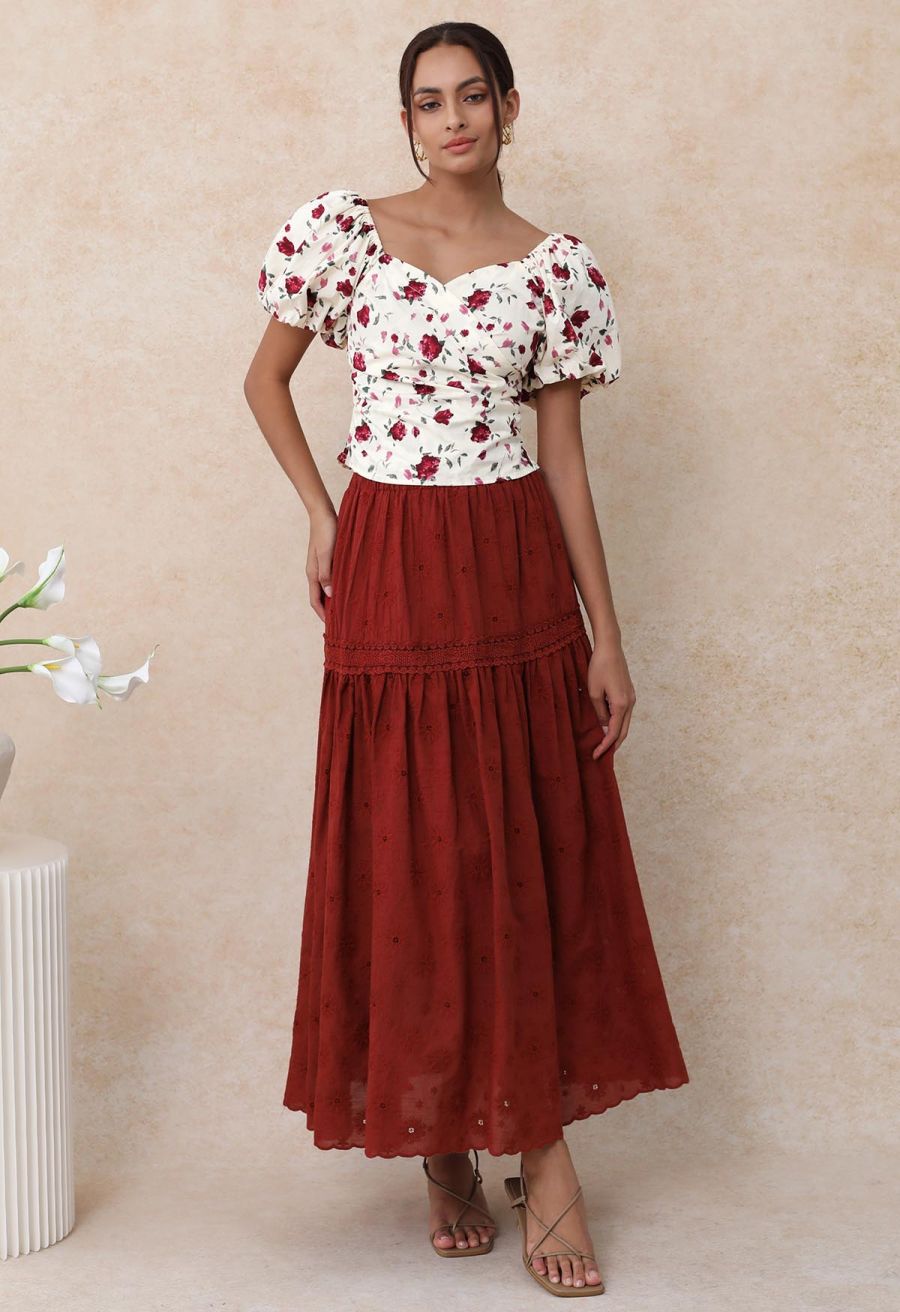 Daisy Era Embroidery Cotton Maxi Skirt in Red