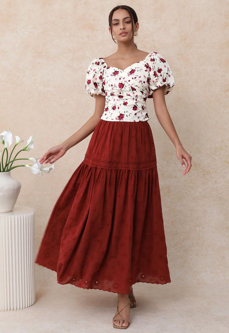 Daisy Era Embroidery Cotton Maxi Skirt in Red
