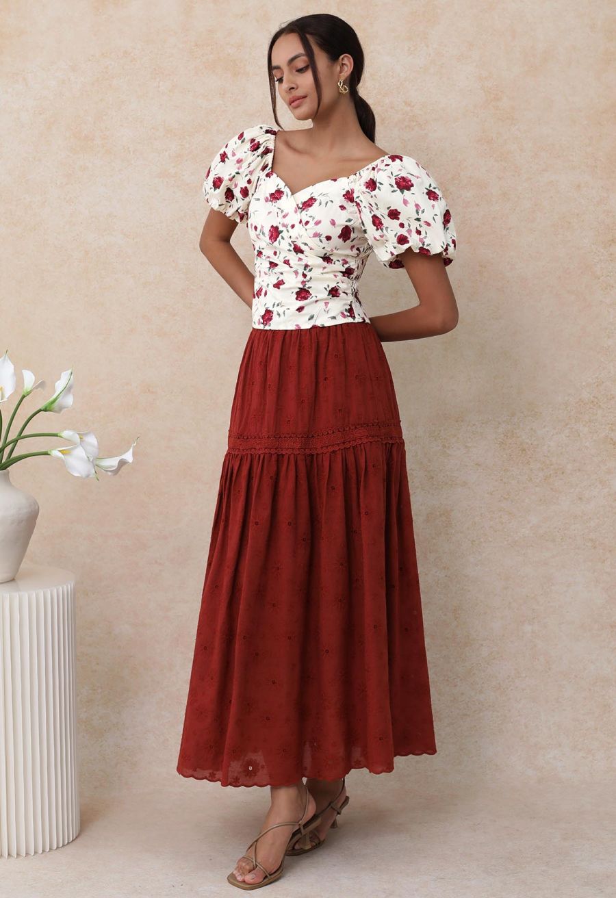 Daisy Era Embroidery Cotton Maxi Skirt in Red