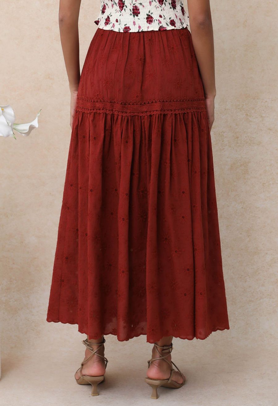 Daisy Era Embroidery Cotton Maxi Skirt in Red