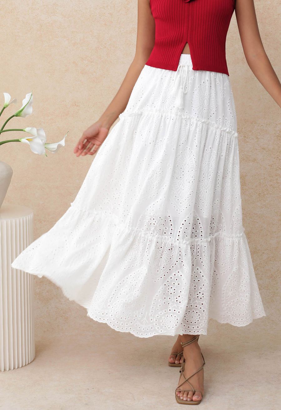 Eyelet Embroidery Tassel String Maxi Skirt in White