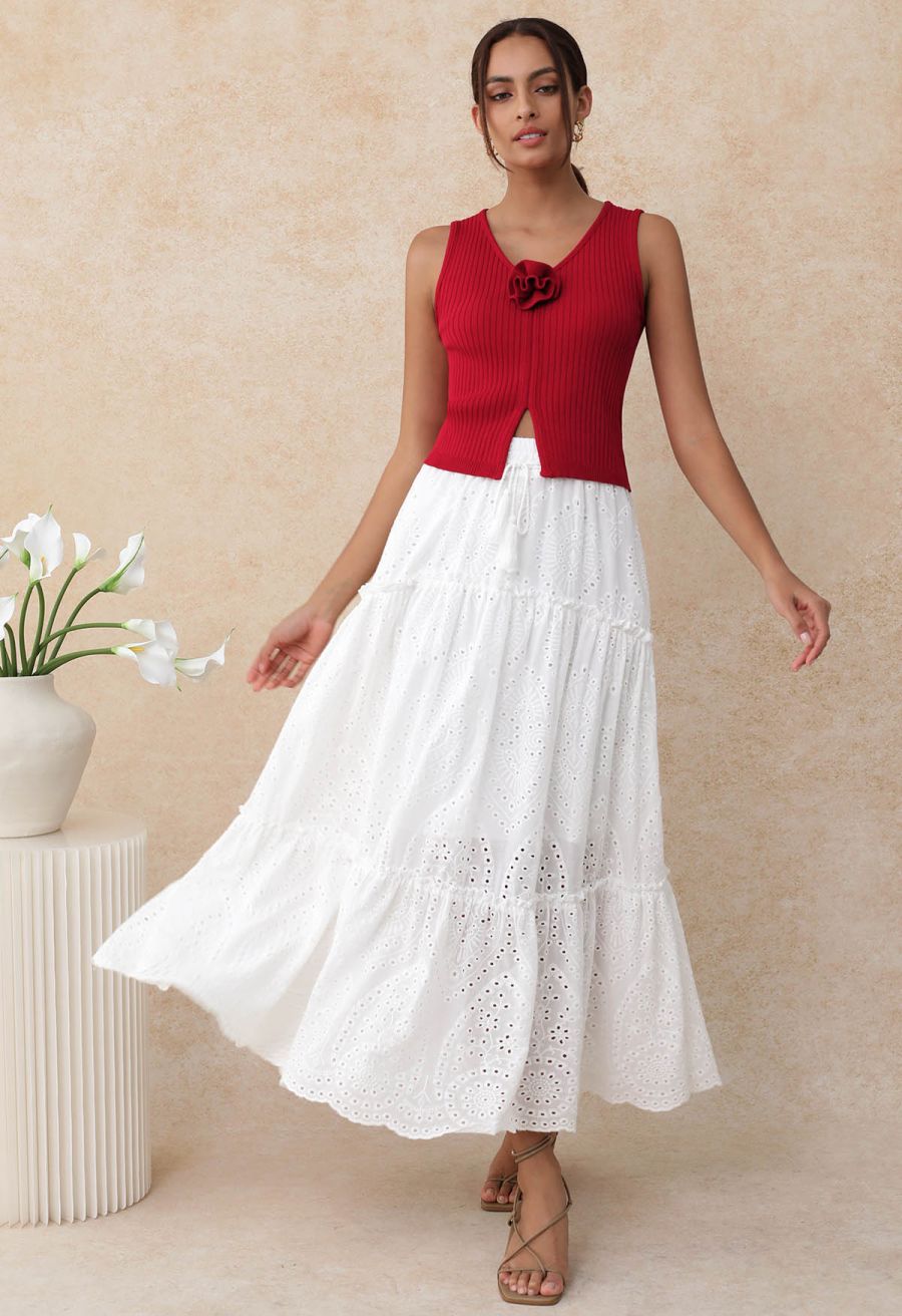 Eyelet Embroidery Tassel String Maxi Skirt in White