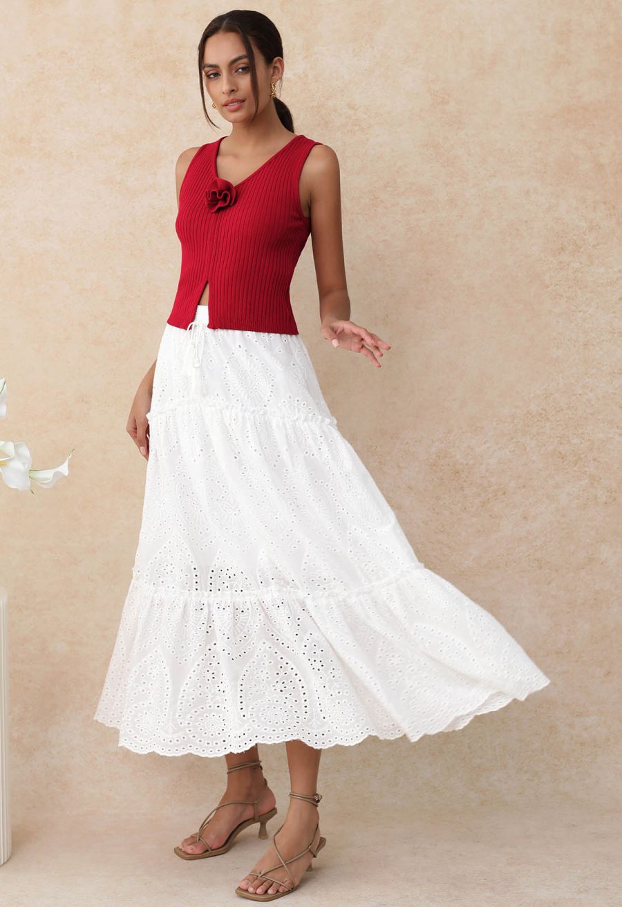 Eyelet Embroidery Tassel String Maxi Skirt in White