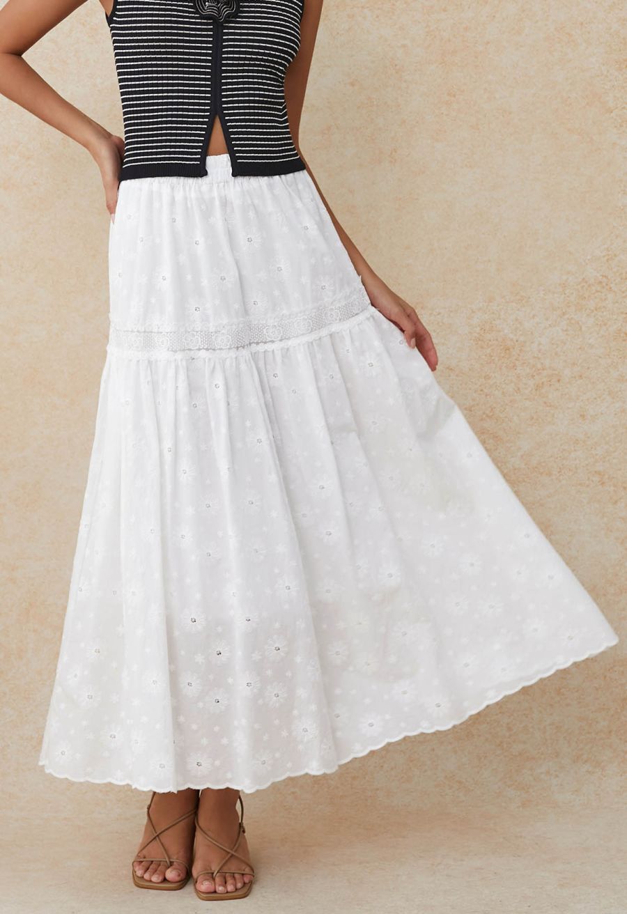 Daisy Era Embroidery Cotton Maxi Skirt in White